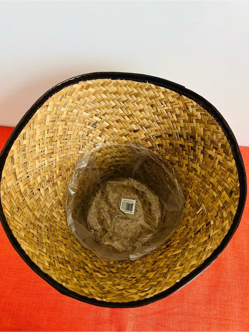 Natural Straw Storage Baskets with Dark Brown Trim